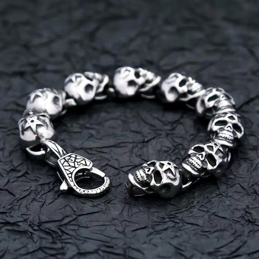 Men's Vintage Hip Hop Stainless Steel Chain Bracelet, Engraved Skull Star Pattern Lobster Clasp Fashion Wrist Bangle Jewelry