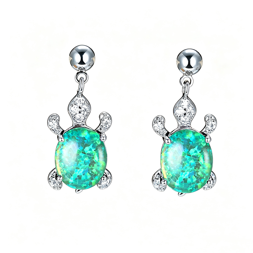 Women's Turtle Design Dangle Earrings Inlaid with Blue Opal, White Opal, Green Opal and Round Zirconia