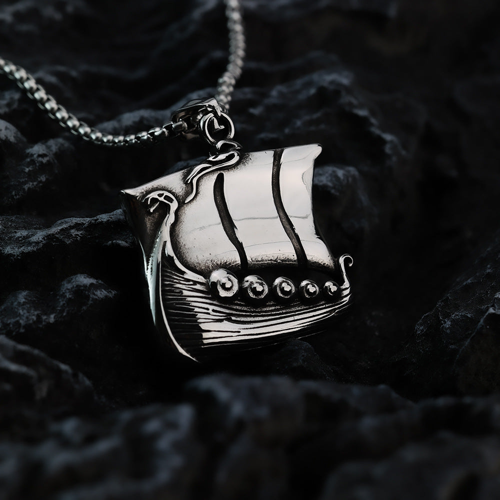Vintage Stainless Steel Viking Longship Pendant Necklace for Men