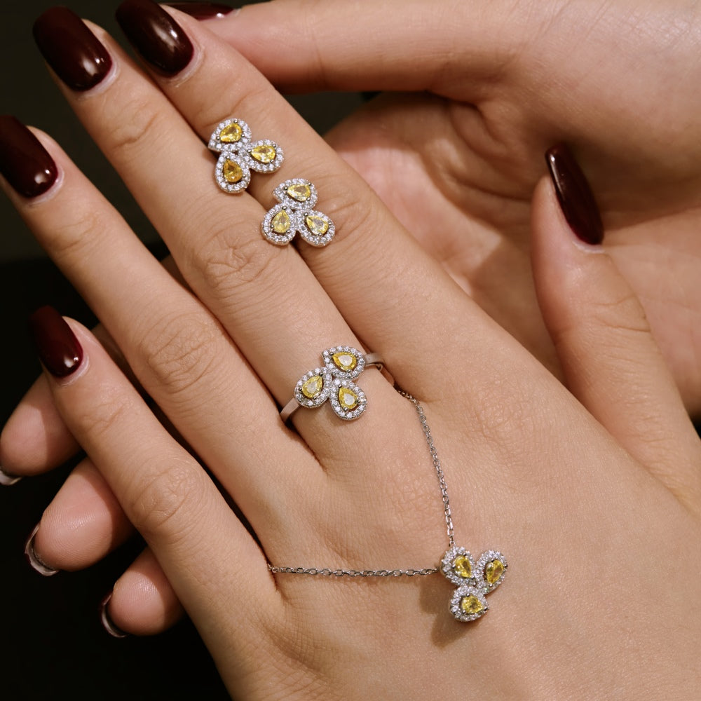 Women's Three‑Petal Flower Stud Earrings, Pear‑Shape Yellow Sapphire With Zirconia Halo, S925 with White Gold Plating