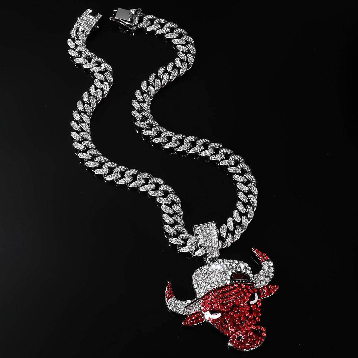 Hip-Hop Red Bull Head Cuban Chain Pendant Necklace