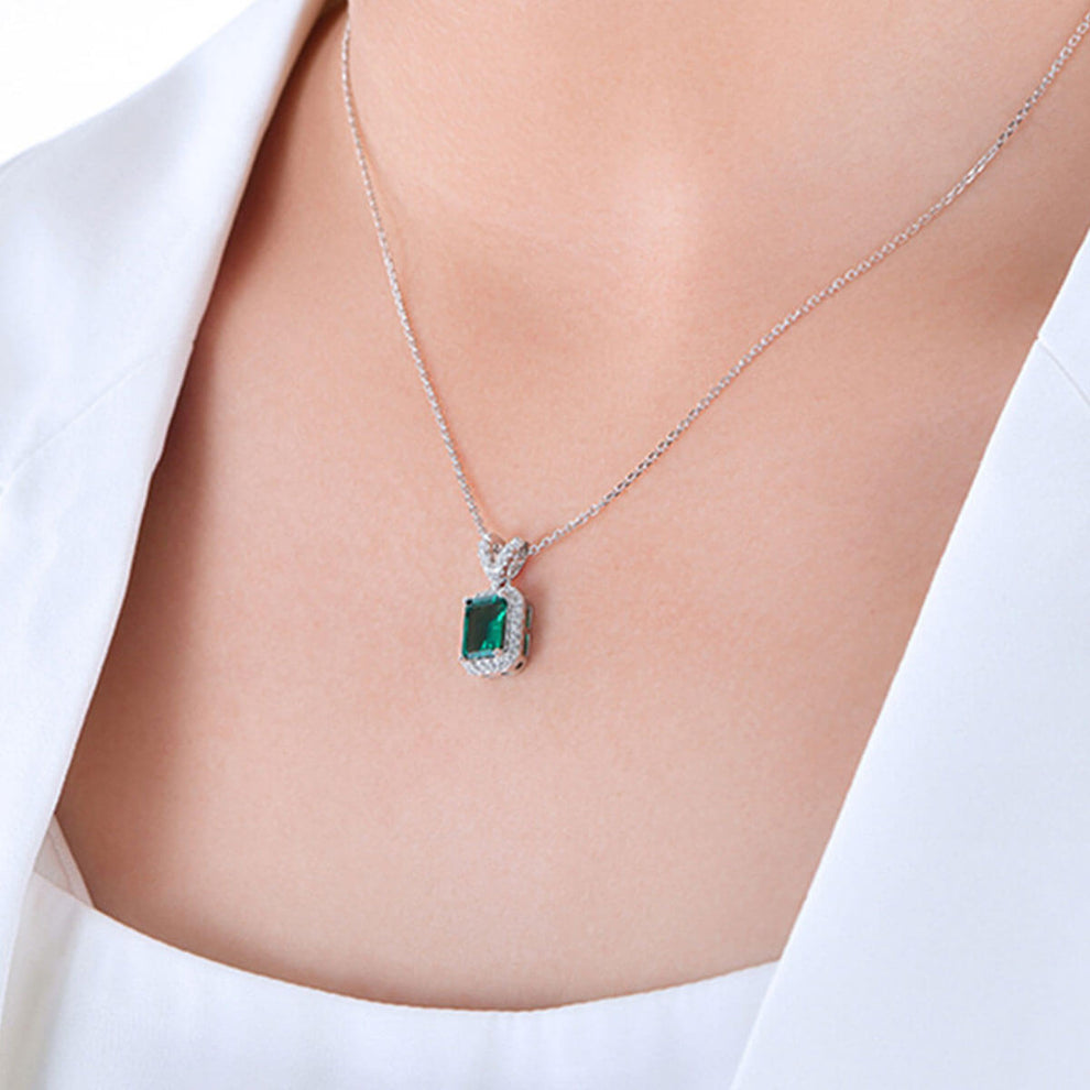 Women's Sterling Silver Rectangle Halo Emerald Pendant