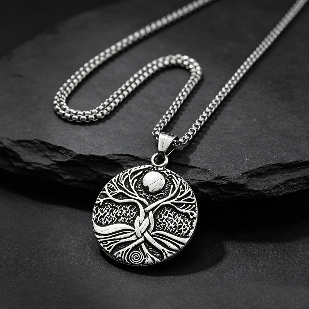 Men's Steel Sun Moon Tree of Life Round Pendant Necklace, Retro Street Jewelry