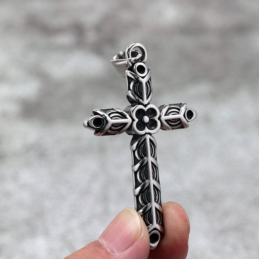 Vintage Stainless Steel Men's Double Sided Engraved Cross Pendant Necklace