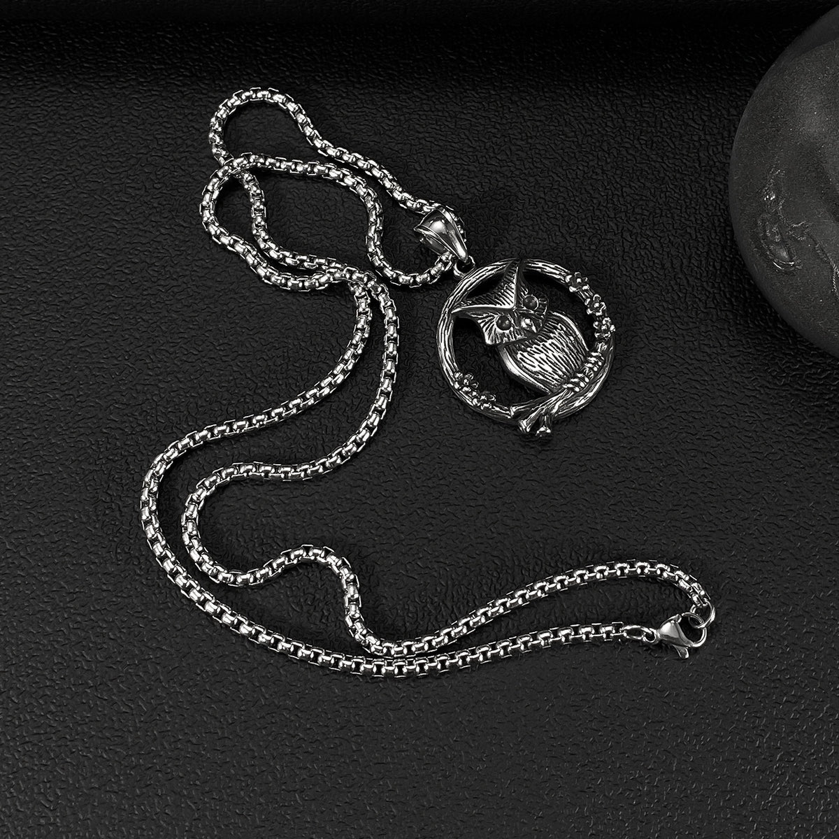Men's Steel Owl Round Pendant Necklace