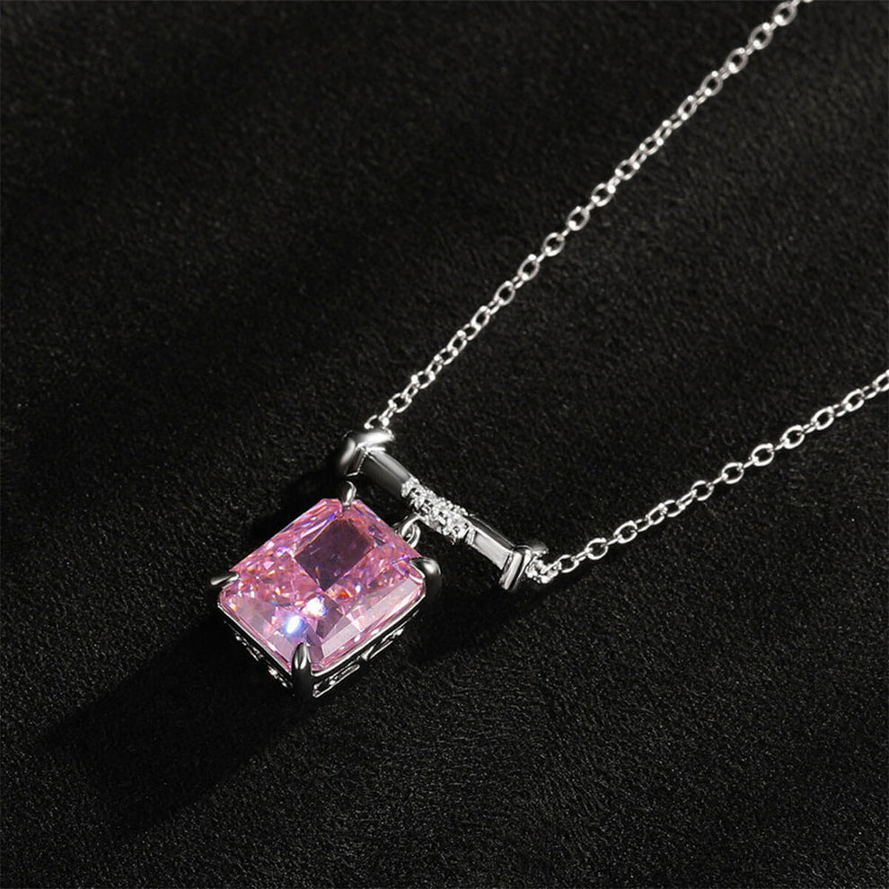 Women's Sterling Silver Prong Setting Rectangle Pink Sapphire Pendant
