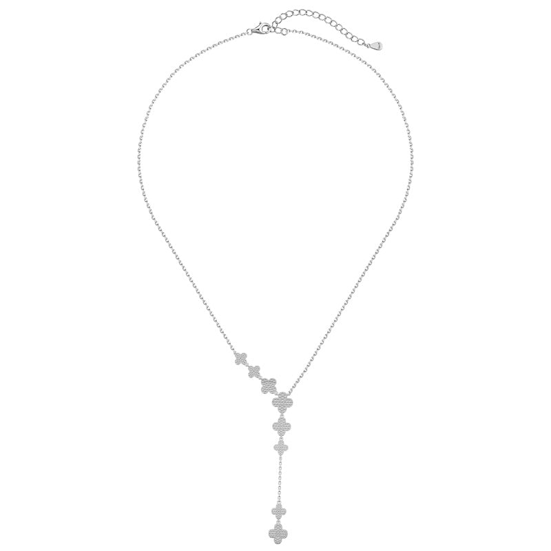 S925 Four-Leaf Clover Pendant Necklace, White Round Zirconia Inlaid Niche Jewelry with Extension Chain
