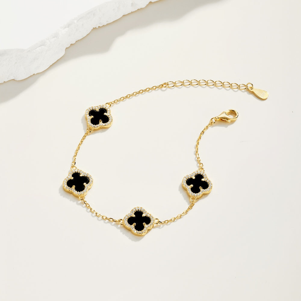 Women's Delicate Bracelet, Black Onyx & Round White Zirconia Inlay Clover Design, S925 with 18K Gold Plating