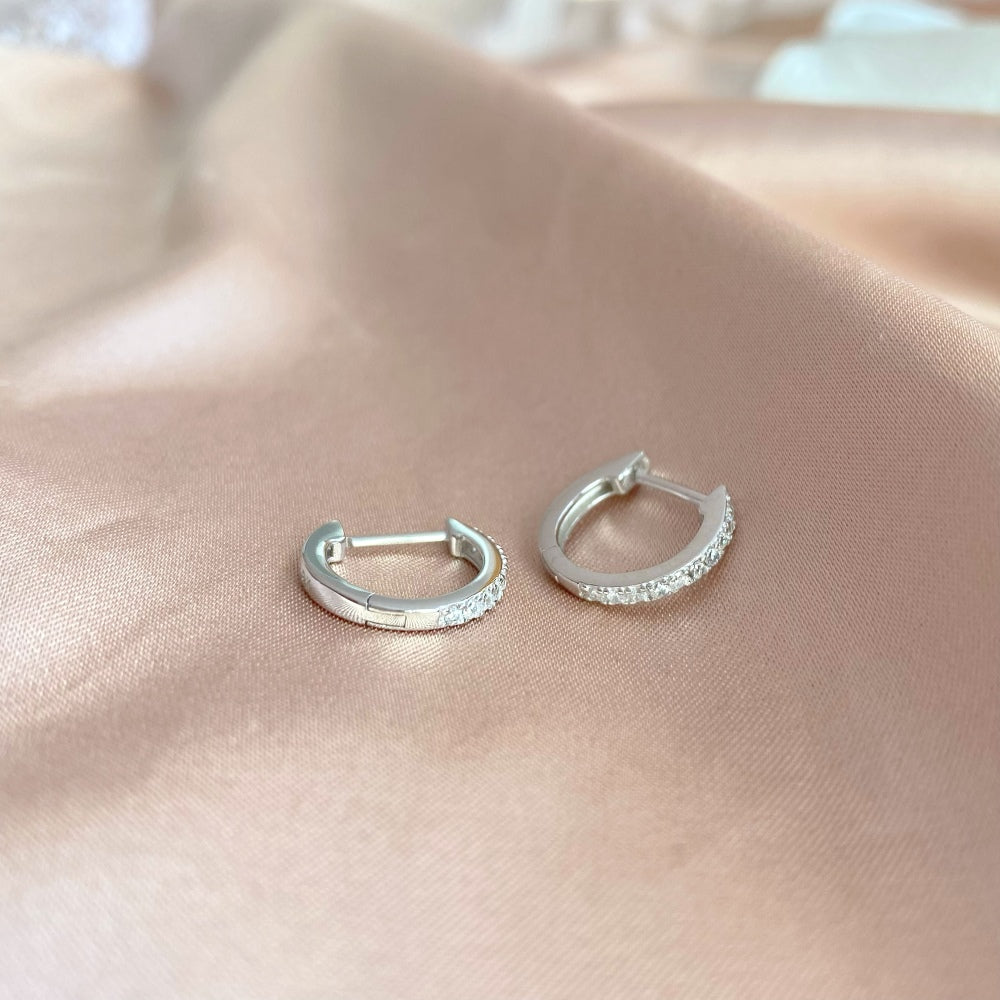 Women's Huggie Hoop Earrings, Half‑Pavé Round Zirconia, S925 with White Gold Plating