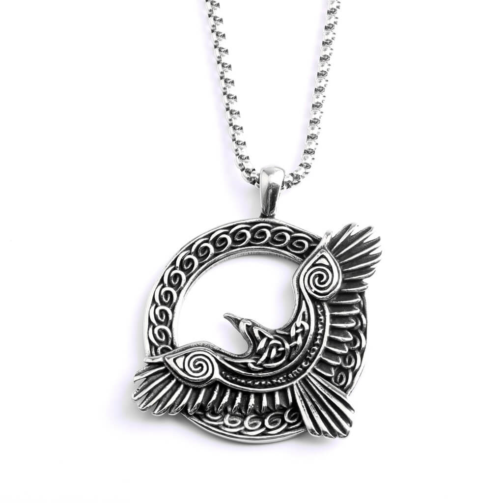 Vintage Stainless Steel Men's Single Sided Viking Raven Round Pendant Necklace