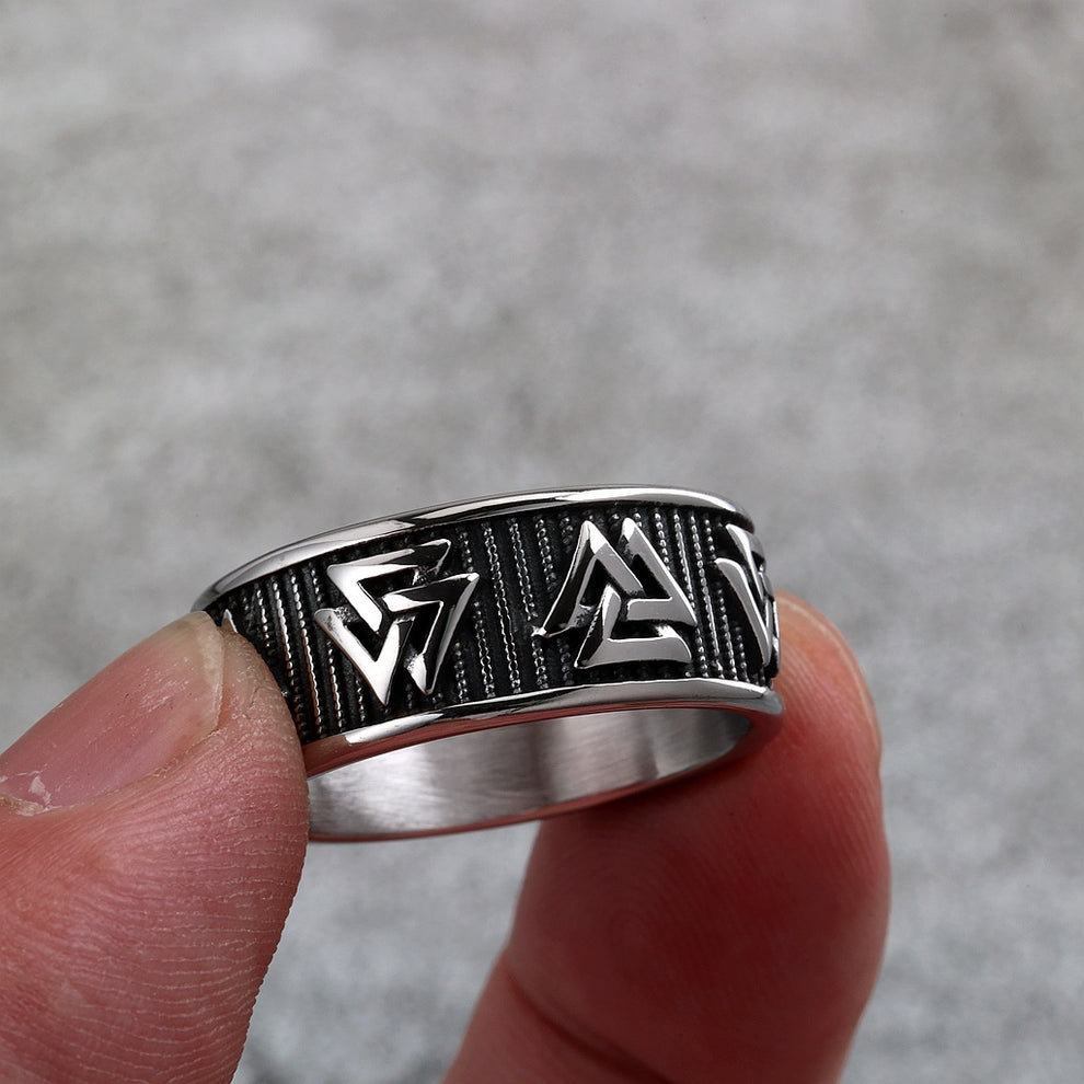 Vintage Solid Stainless Steel Slim Norse Viking Valknut Triangle Band Ring for Men