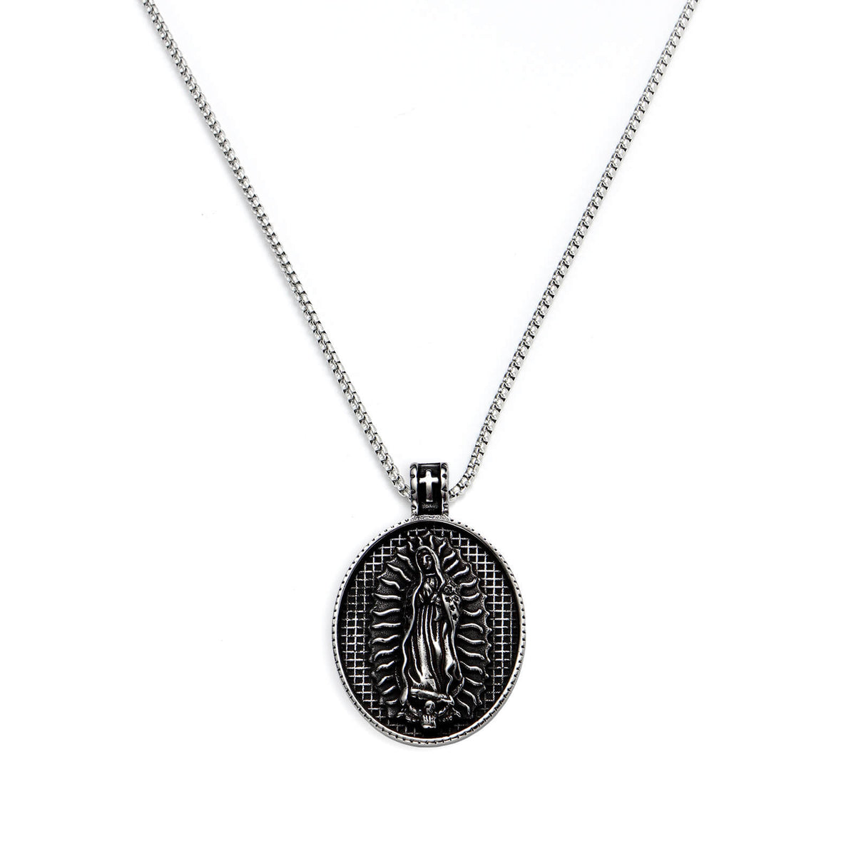 Men's Steel Oval Virgin Mary Pendant Necklace