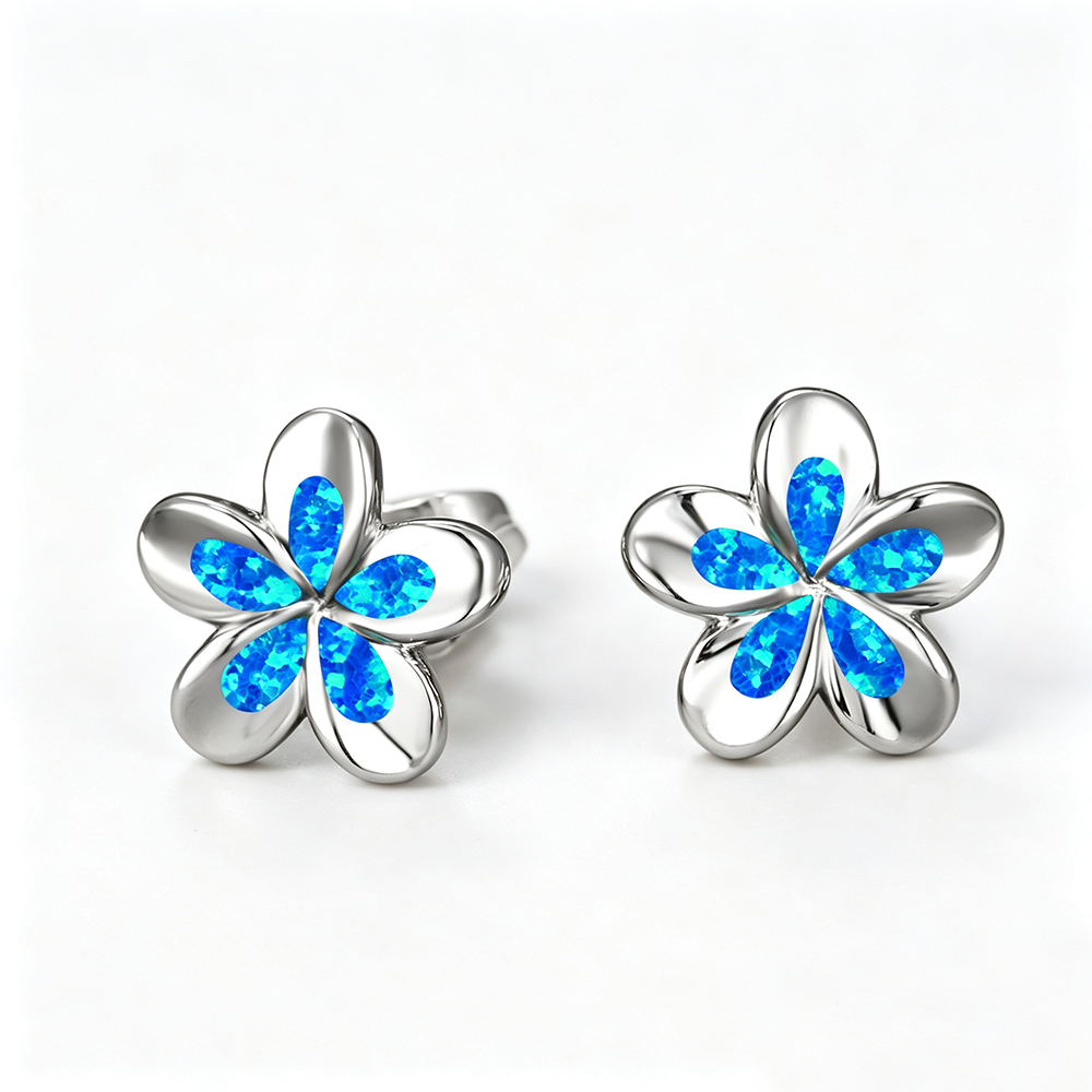 Women's 3D Five-Petal Flower Stud Earrings Inlaid With White & Blue Opal