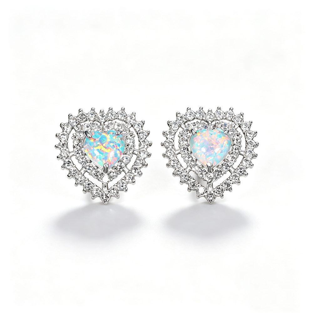 Women's Double‑Layer Heart Opal Stud Earrings, Full Zirconia Halo Setting, with White Gold Plating