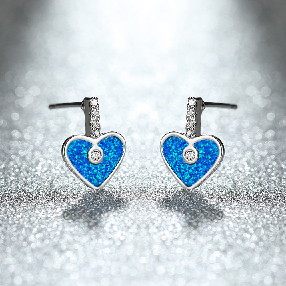 Women's Heart‑Shape Stud Earrings, Paved Zirconia With White Opal / Blue Opal Inlay, with White Gold Plating / Rose Gold Plating
