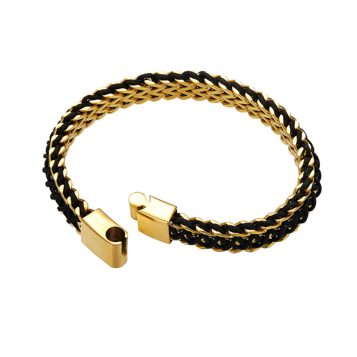 Gold Tone Double Row Welded Square Polished Stainless Steel Braided Bracelet for Men, Magnetic Clasp Wrist Chain