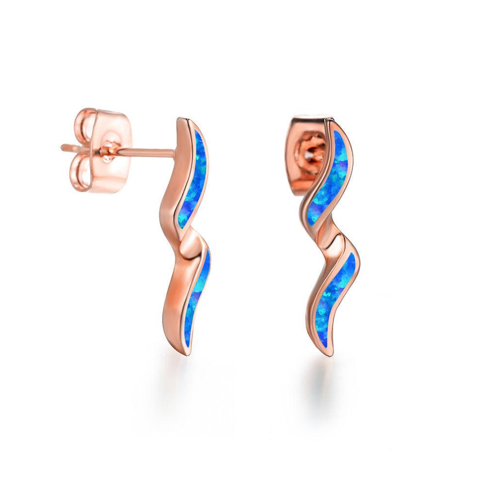 Women's Wavy Curve Inlaid Opal Drop Stud Earrings