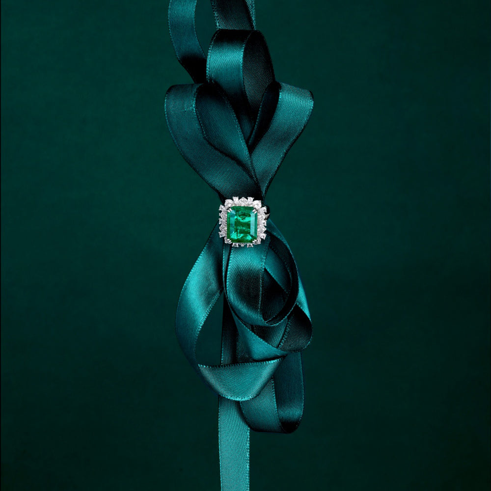 Women's Rectangular Emerald Green Zirconia Center Stone Halo Paved Ring, S925 with White Gold Plating