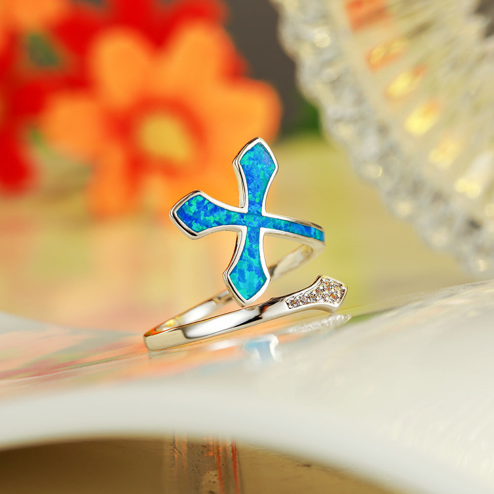 Women's Cross Opal with Zirconia Adjustable Ring
