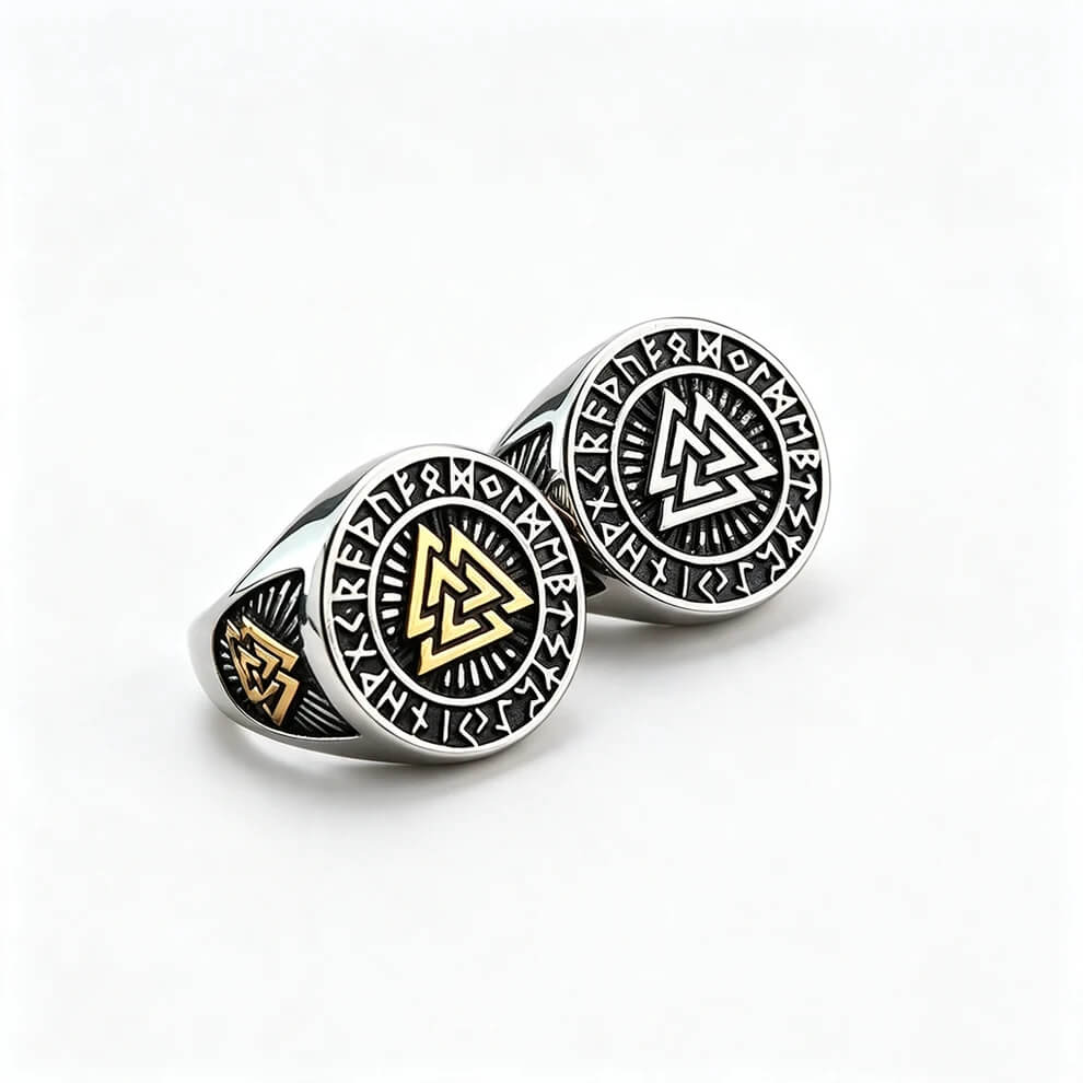 Vintage Nordic Stainless Steel Viking Triangle Symbol Rune Circle Signet Ring for Men