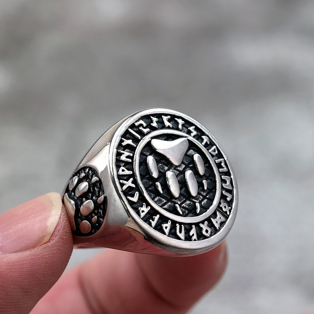 Vintage Stainless Steel Viking Rune Bear Paw Round Signet Ring for Men