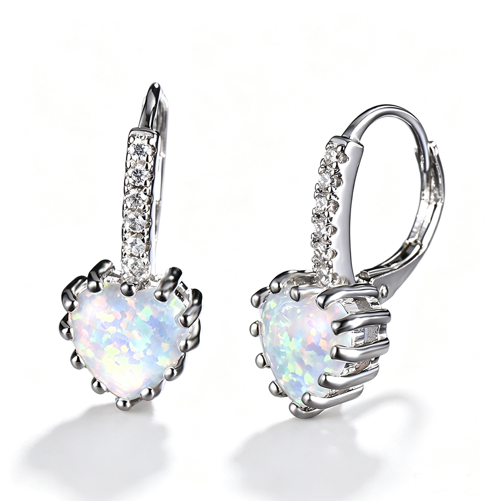 Women's Heart‑Shape Opal Leverback Earrings with Paved Zirconia, with White Gold / Rose Gold Plating