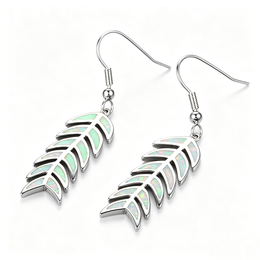 Women's Leaf‑Shape Hook Dangle Earrings, White Opal / Blue Opal Inlay, with White Gold Plating