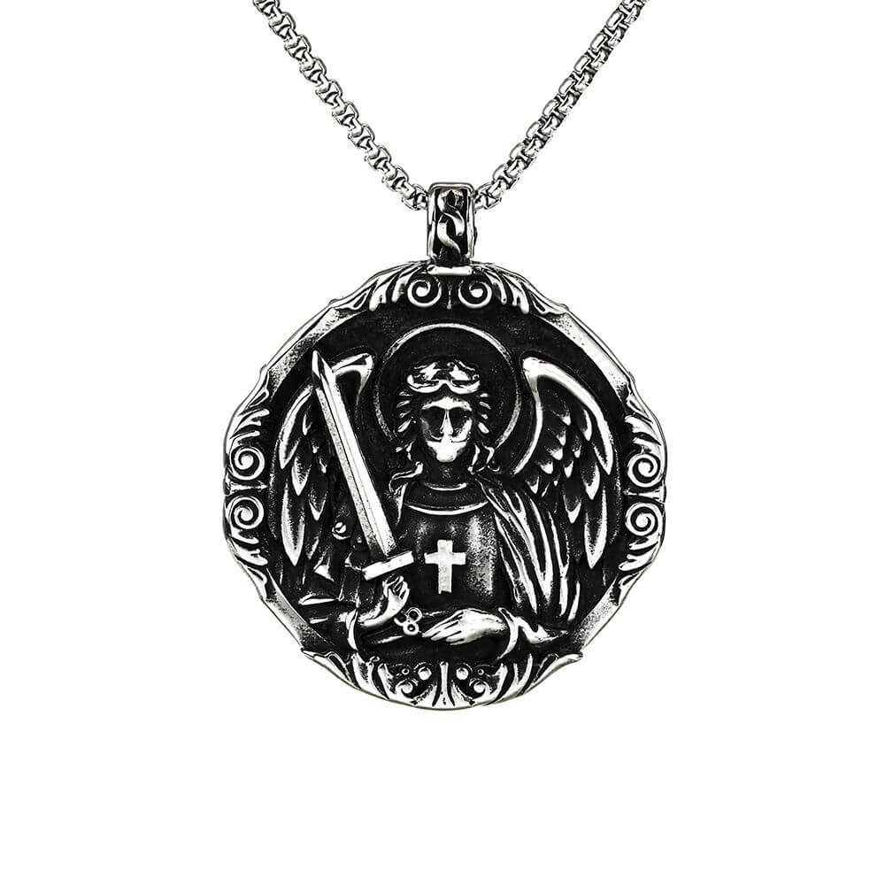 Men's Steel Vintage Archangel St Michael Double Sided Round Pendant Necklace