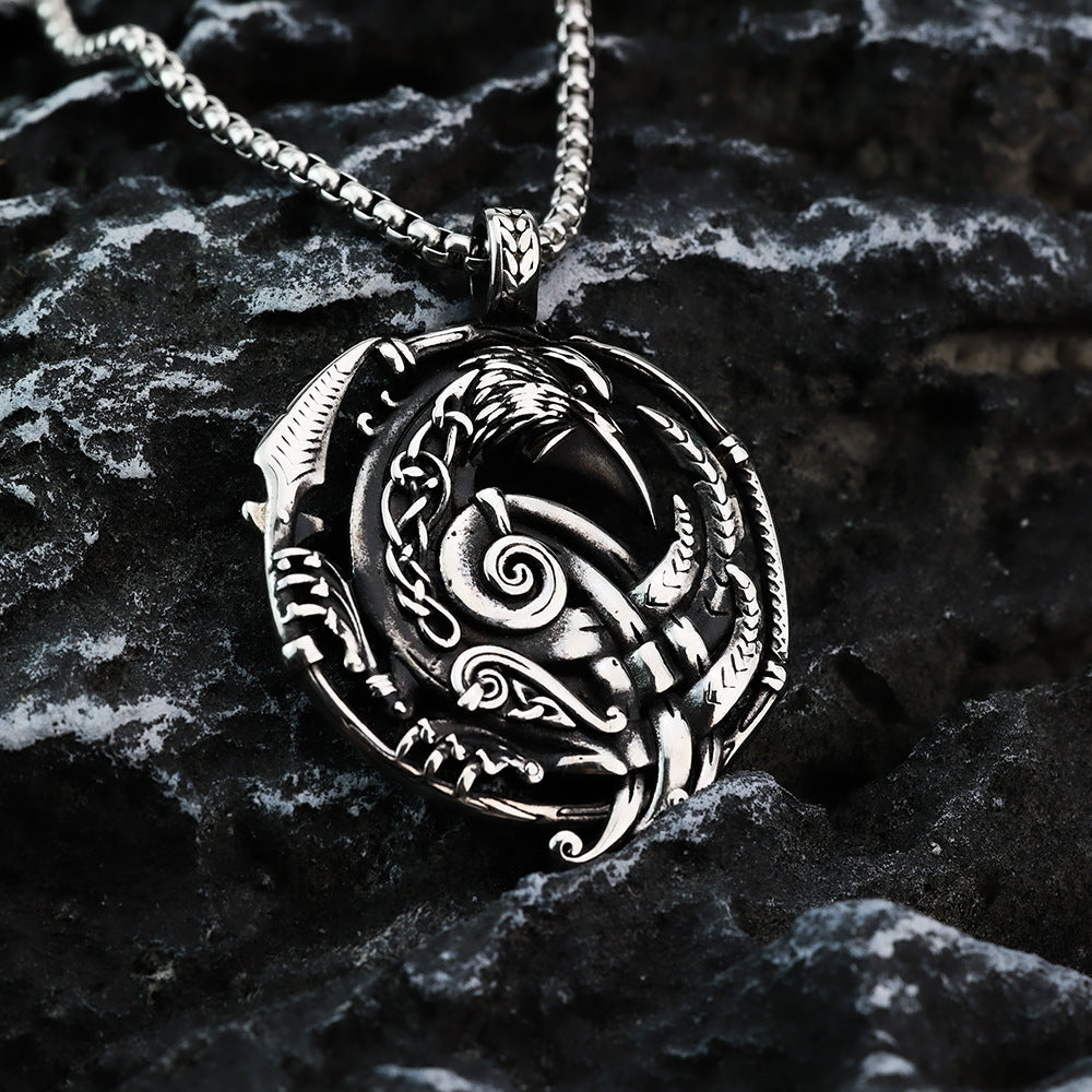 Mens Steel Nordic Raven Hollow Round Pendant Necklace