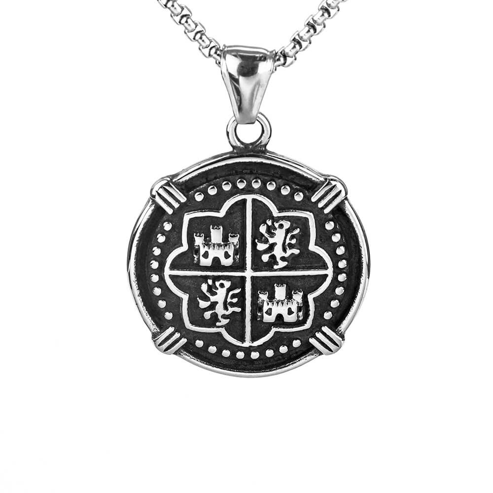 Men's Steel Vintage Spanish Coin Round Pendant Necklace
