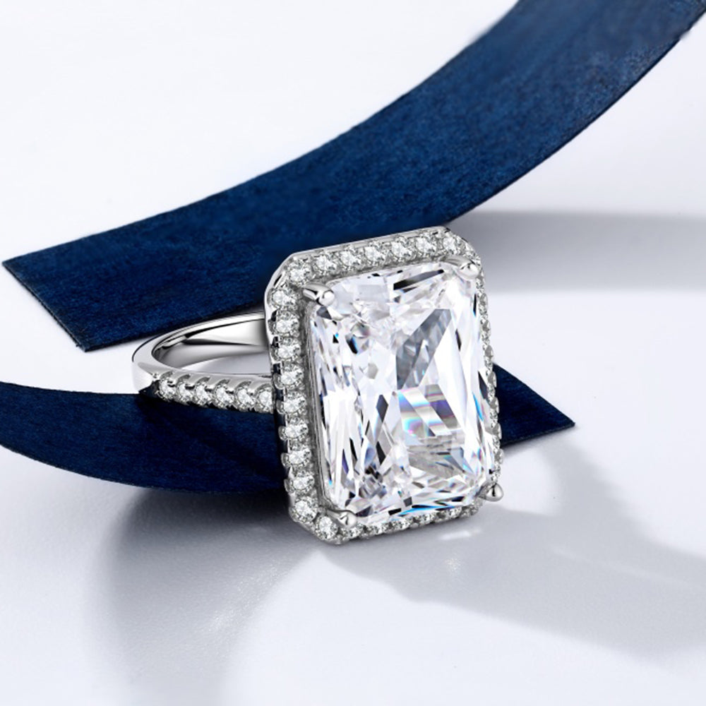 Women's S925 Silver White Gold Tone Square Zircon Halo Ring, Luxury Engagement Style Ladies Fashion Ring