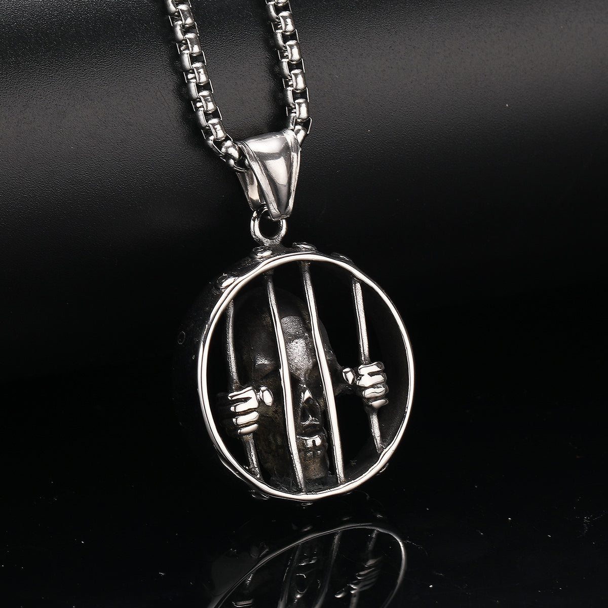 Men's Steel Prison Skull Round Pendant Necklace, Punk Street Jewelry