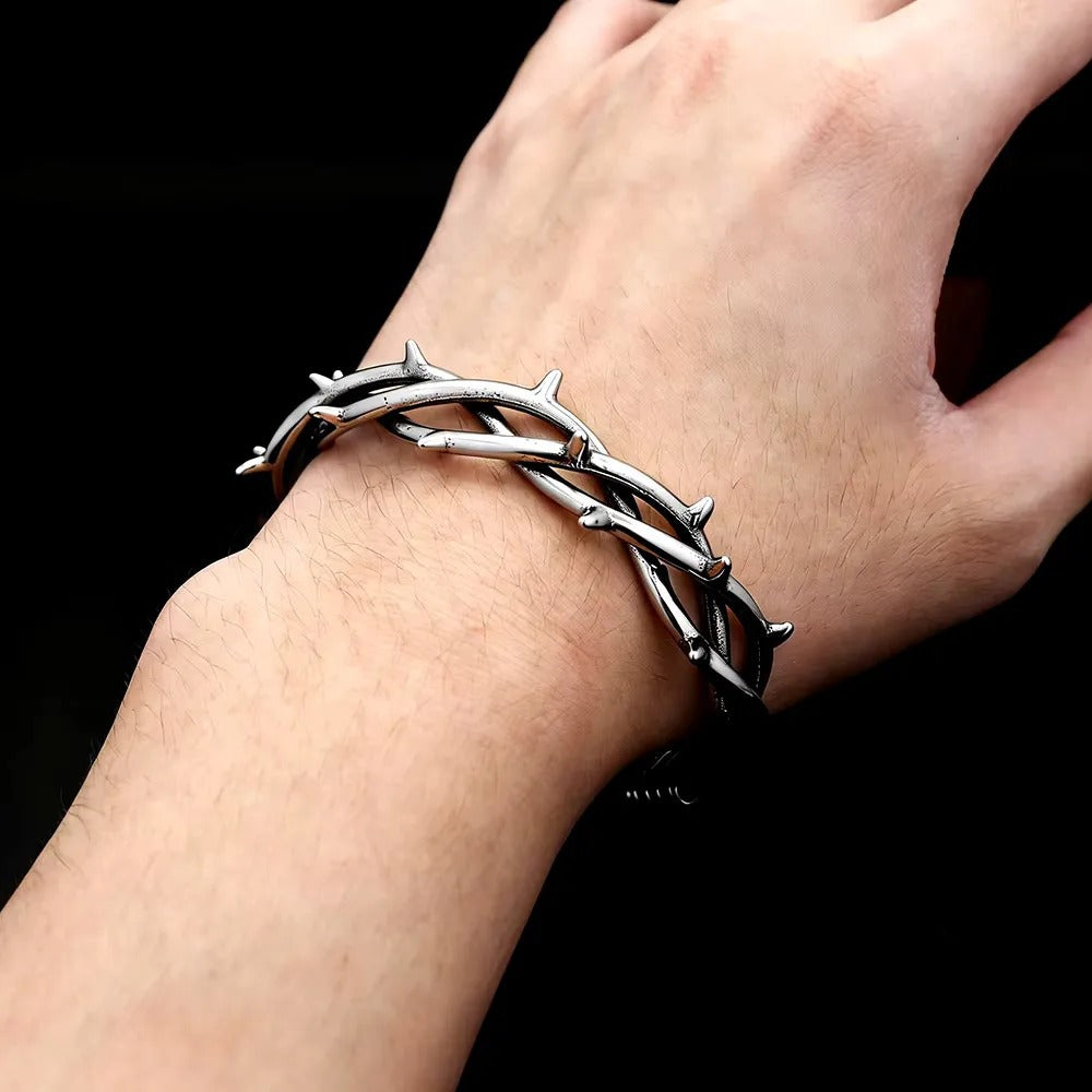 Men's Vintage Twisted Stainless Steel Open C Cuff Bracelet, Thorn Crown Gothic Style Retro Adjustable Bangle