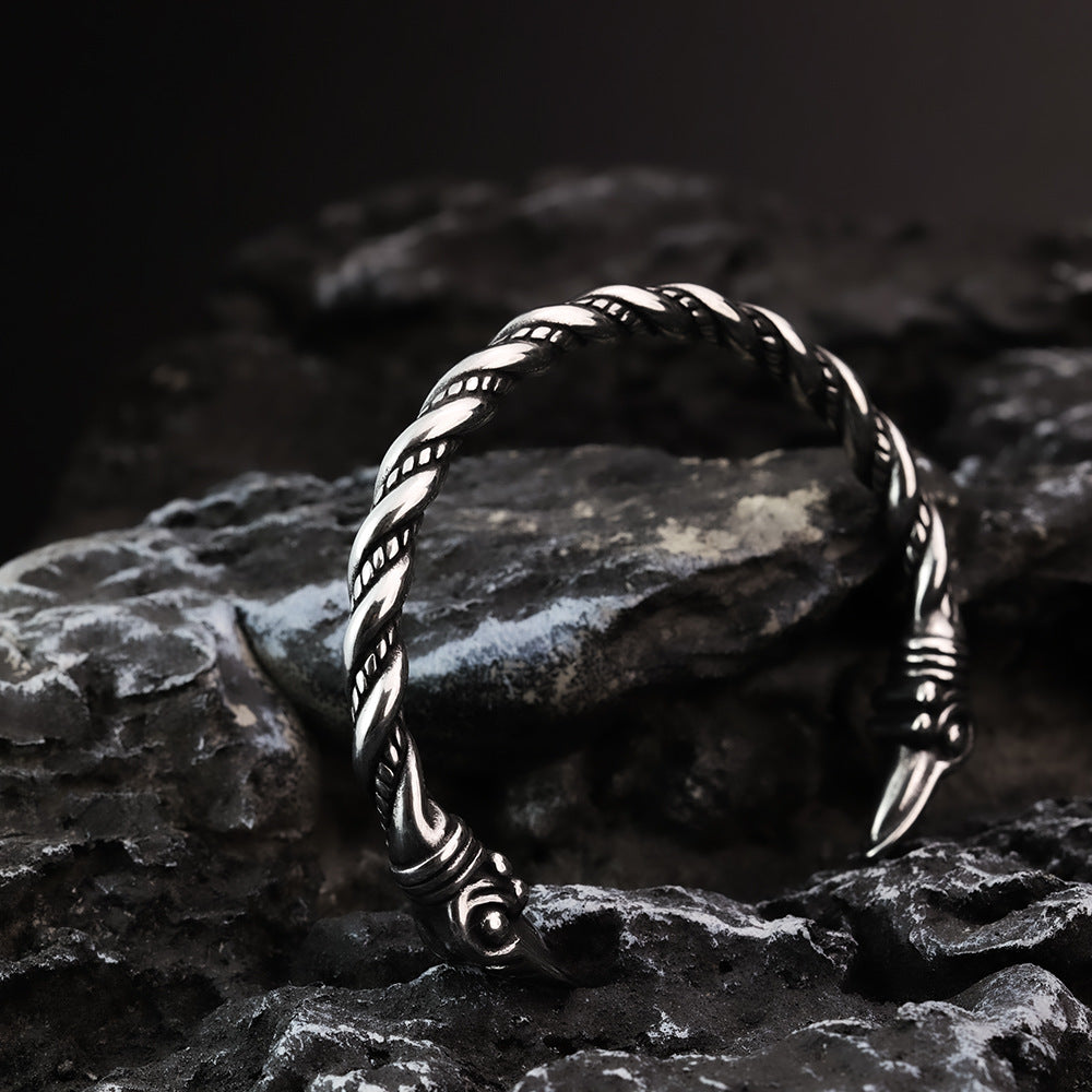 Viking Raven Solid Stainless Steel Open C Bracelet for Men, Nordic Pirate Vintage Adjustable Cuff Bangle