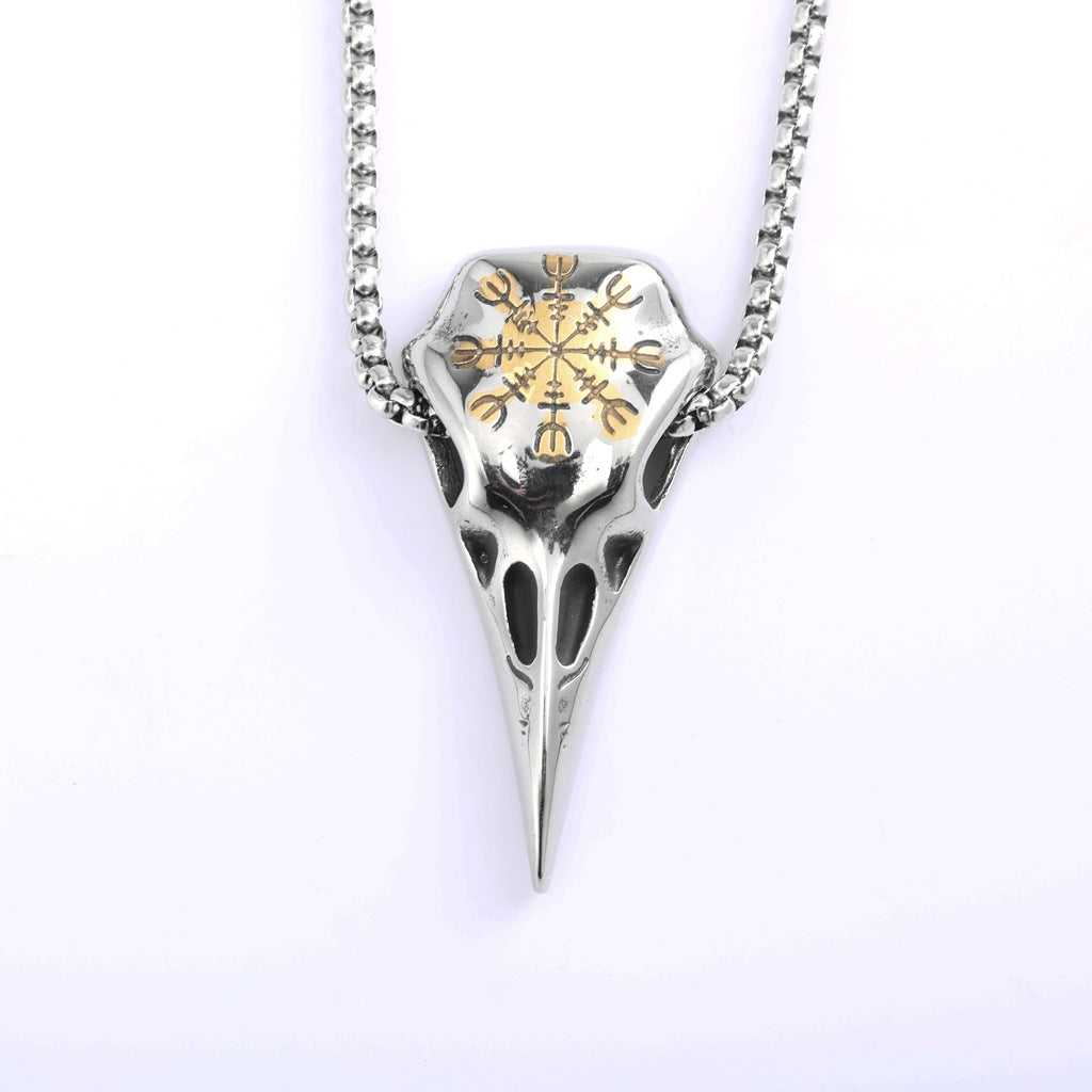 Viking Compass Raven Head Men's Stainless Steel Pendant Necklace