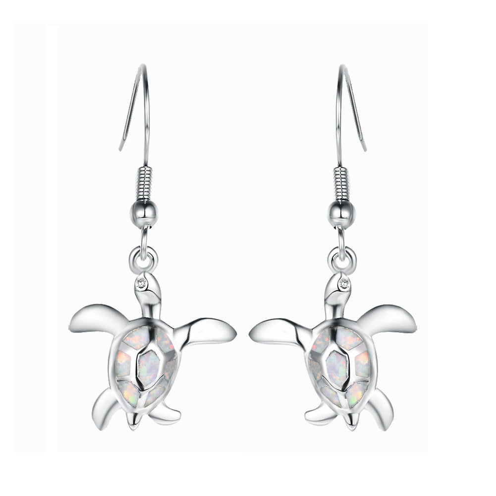 Women's Sea Turtle Shape Opal Dangle Earrings, Blue Opal / White Opal