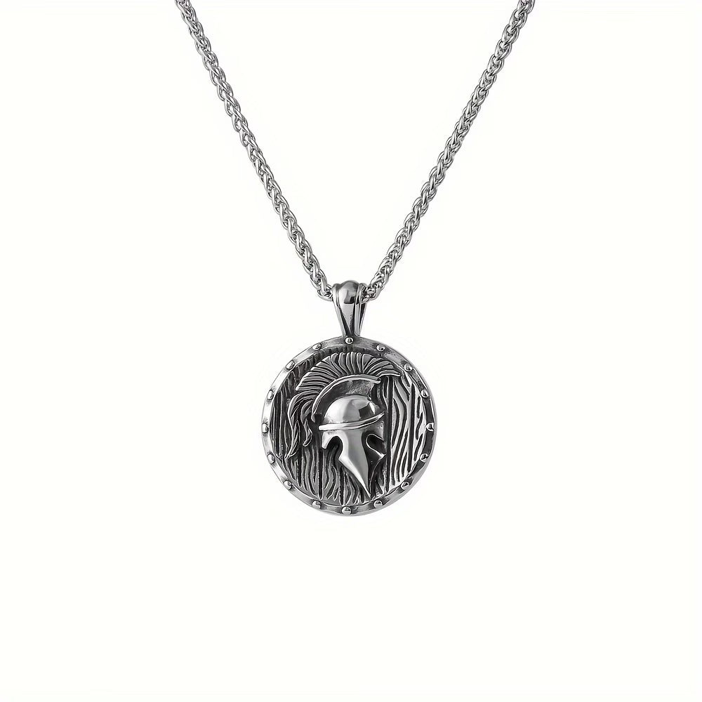Men's Vintage Spartan Warrior Helmet Round Pendant Necklace