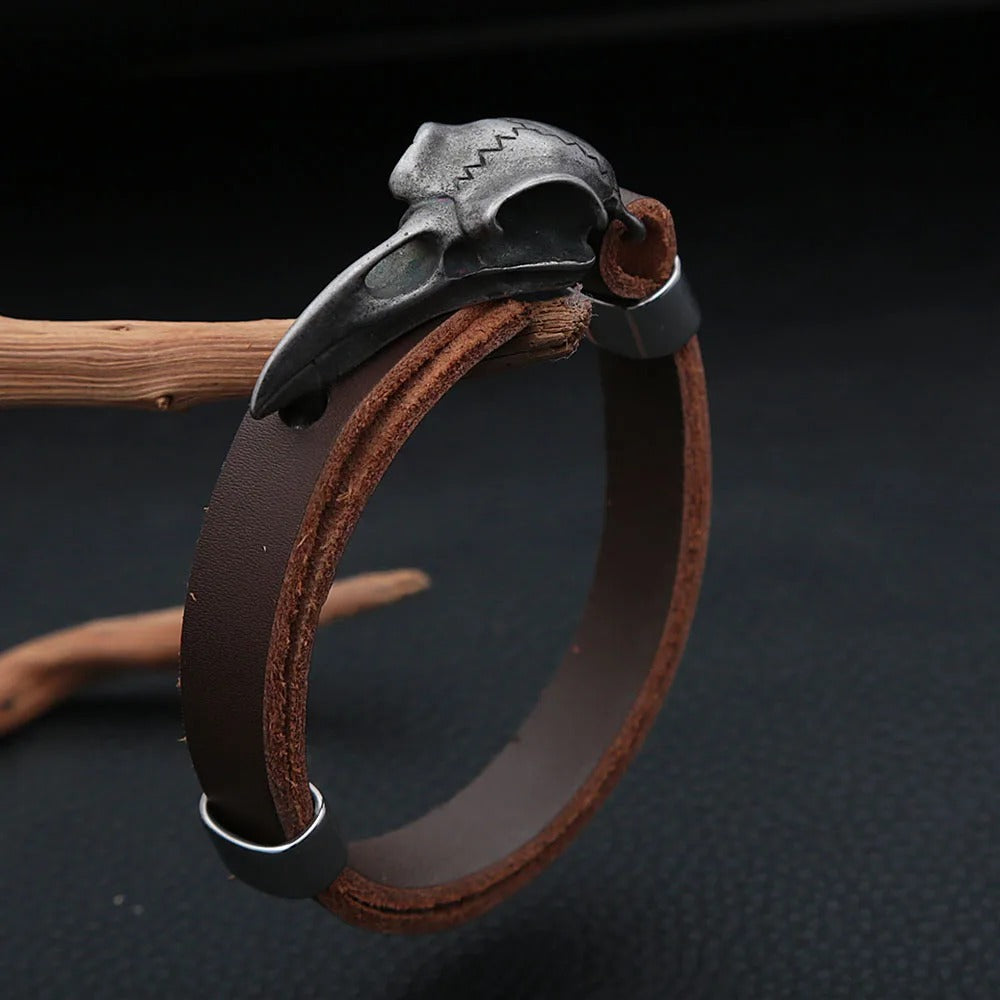 Men's Vintage Stainless Steel Raven Skull Leather Bracelet, Simple Versatile Punk Rock Adjustable Wrist Cuff