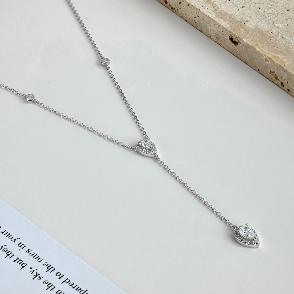 Women's Delicate Pendant Necklace, Pear Shape Zirconia & Round Zirconia Inlay, S925 with White Gold Plating
