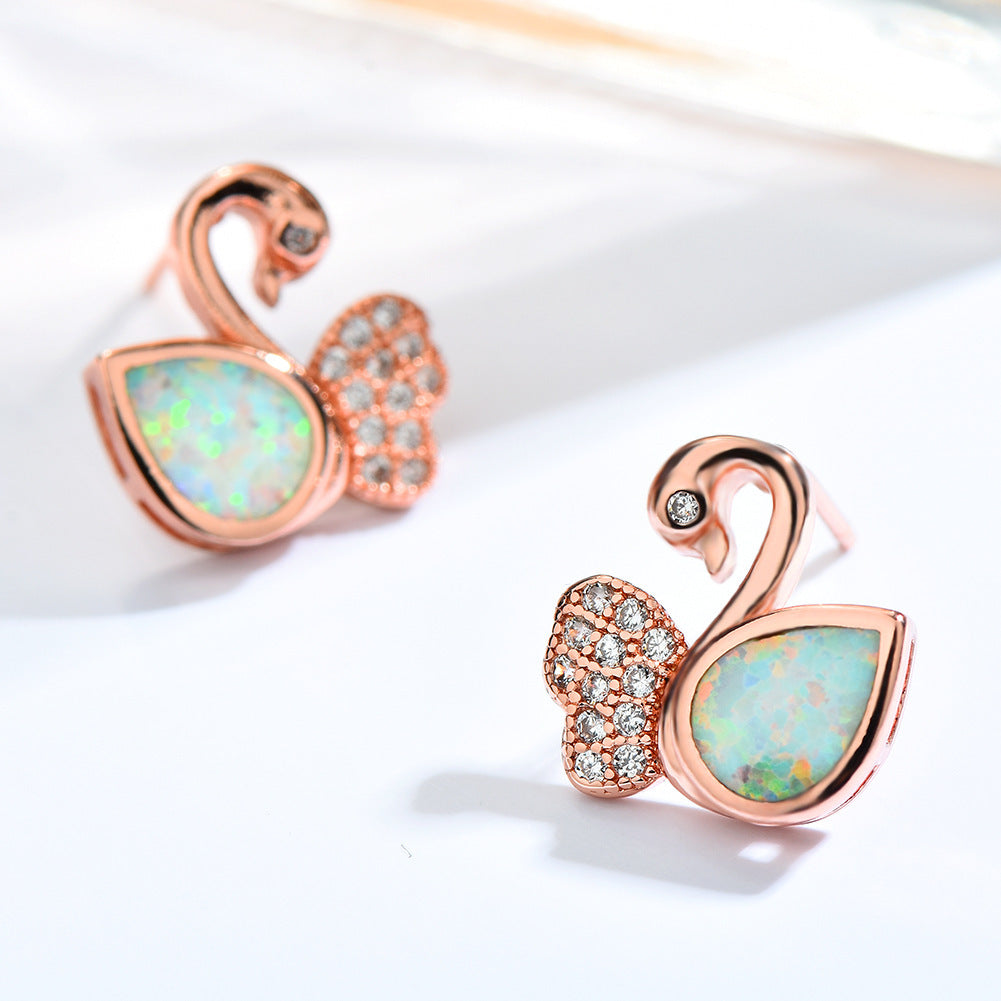 Women's Exquisite Rose‑Gold Plating Swan‑Shape Zirconia Inlaid Blue / White Opal Stud Earrings