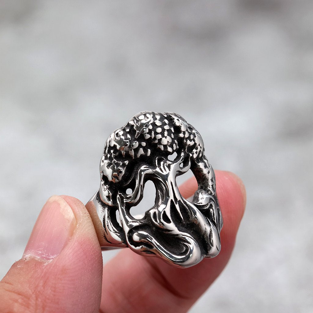 Vintage Solid Stainless Steel Punk Hollow Tree of Life Ring for Men