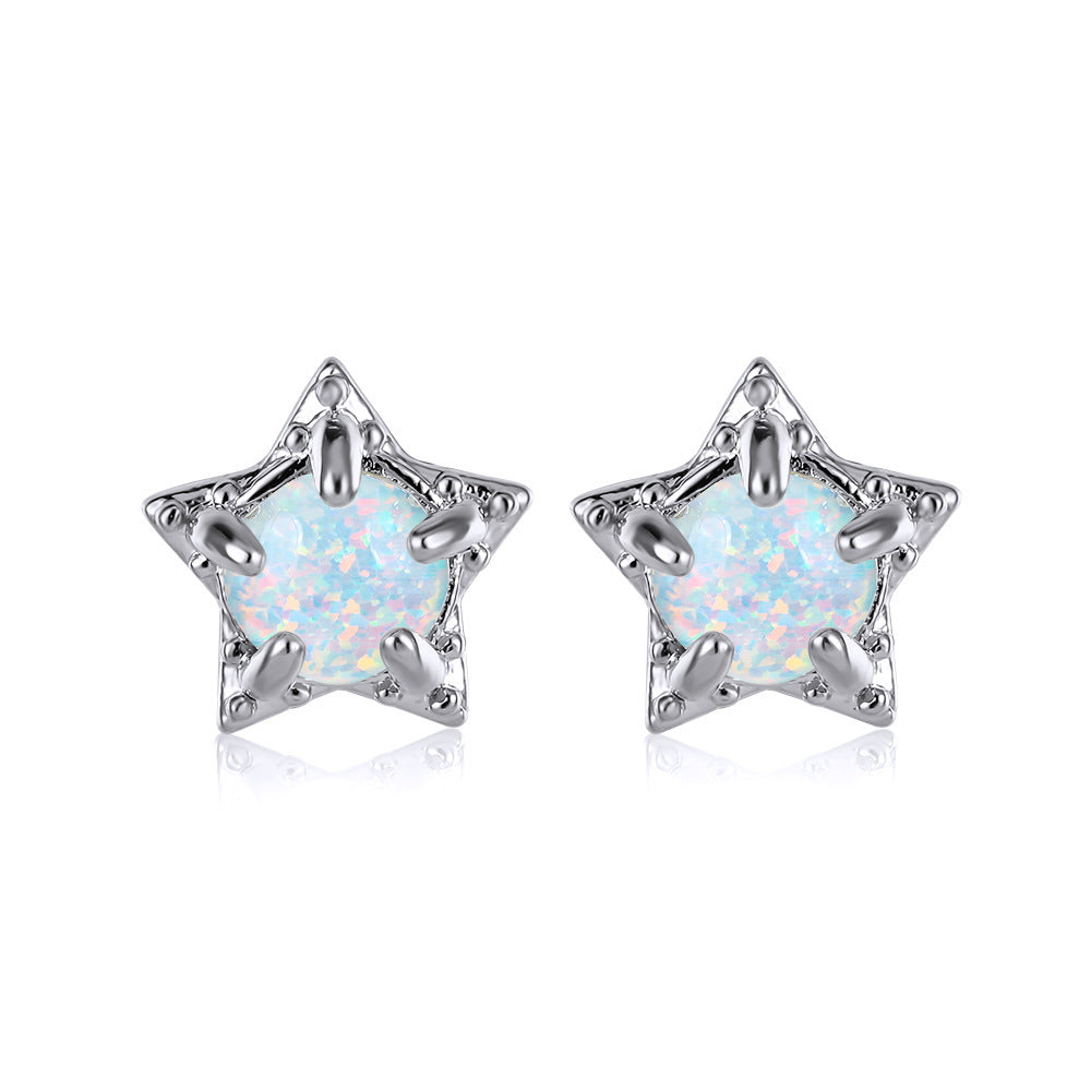 Women's Star‑Shape Prong‑Set White Opal Stud Earrings, with White Gold Plating / Gold Plating