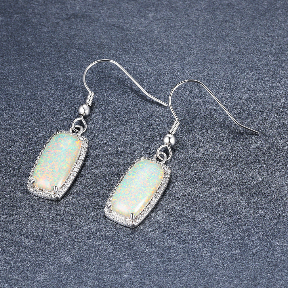 Women's Rectangle Halo Zirconia Dangle Earrings With White Opal, White Gold Plating