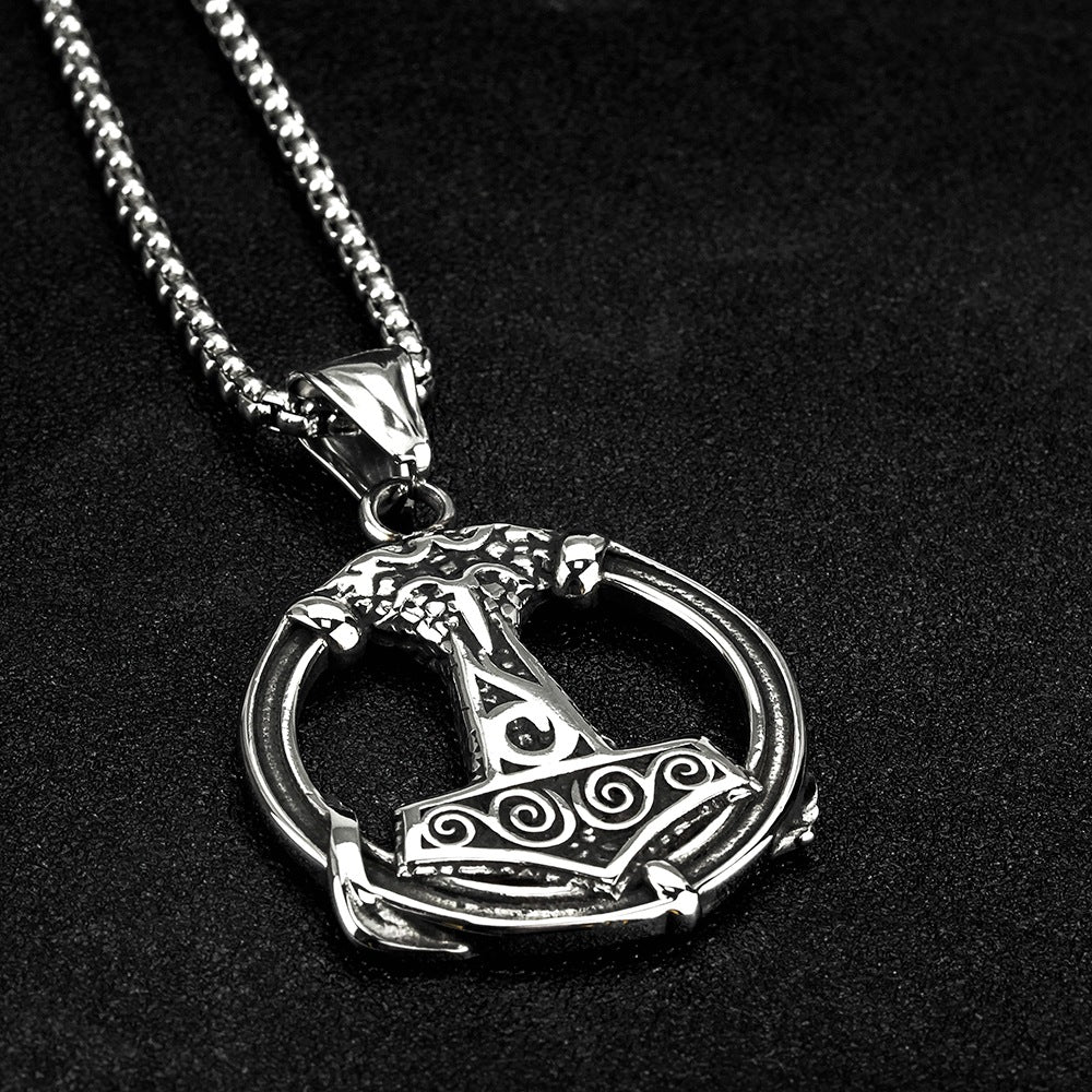 Vintage Stainless Steel Viking Thor's Hammer Round Pendant Necklace for Men