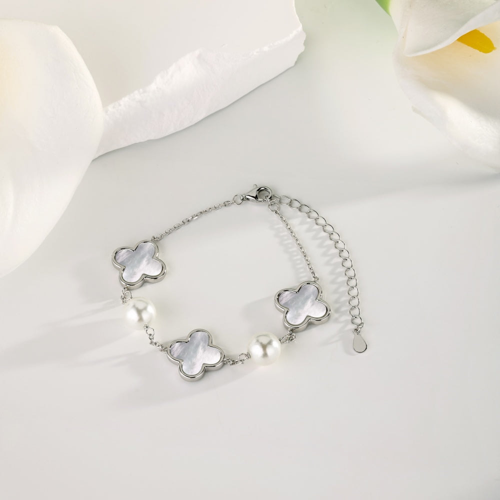 Women's Adjustable Bracelet, White Pearl With White Shell Clover Inlay, S925 with White Gold Plating