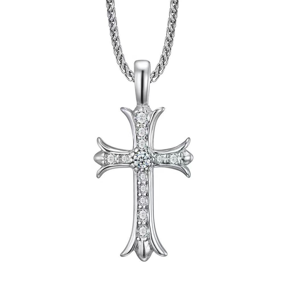 Men's Steel Vintage Zircon Cross Pendant Necklace Hip Hop Jewelry
