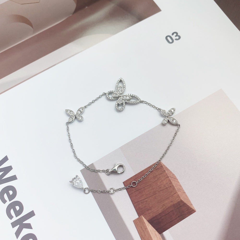 Women's Adjustable Bracelet, Butterfly Shape Paved Zirconia Inlay, S925 with White Gold Plating