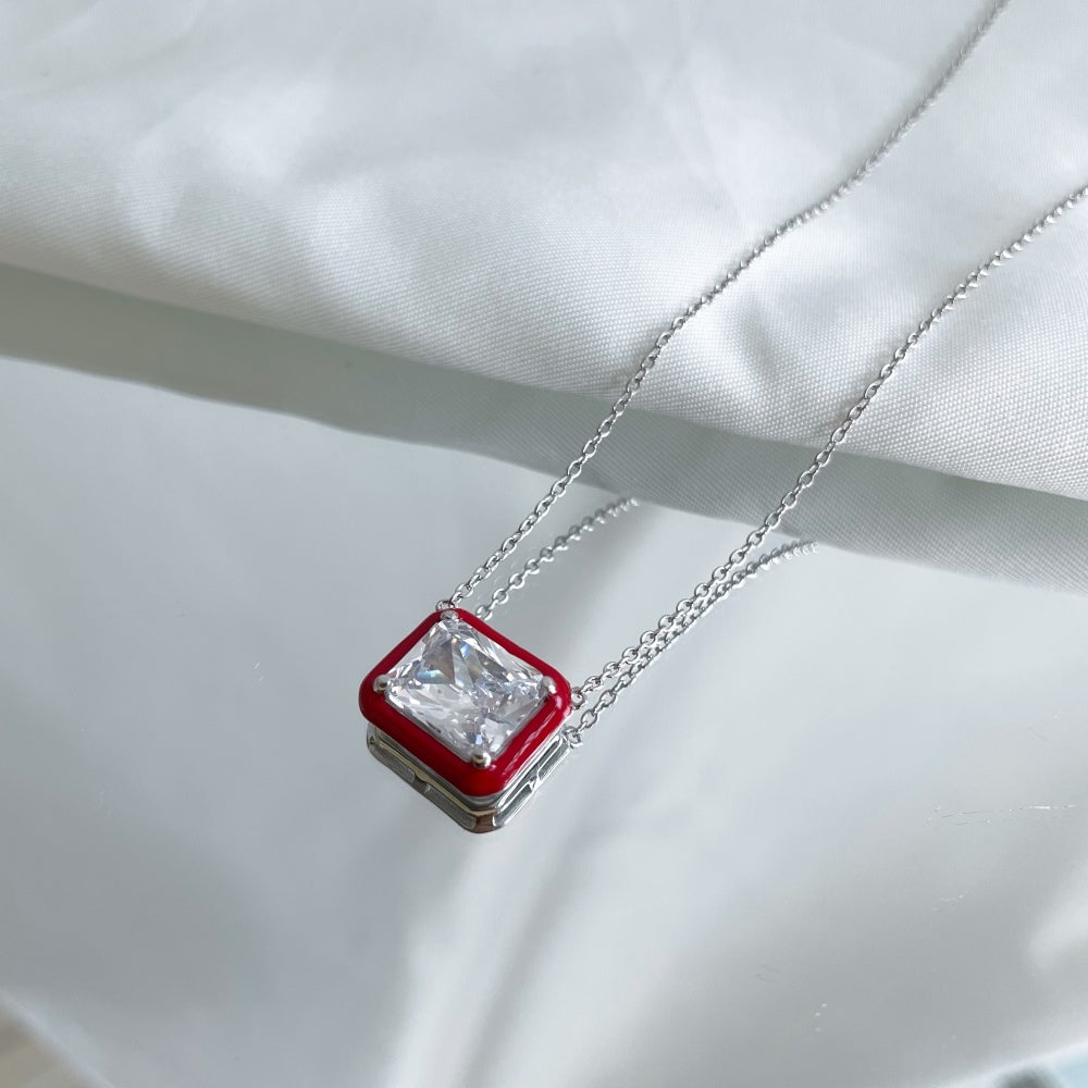 Women's Stylish Unique Pendant Necklace, Rectangle Shape Zirconia Inlay Inside Red Epoxy, S925 with White Gold Plating