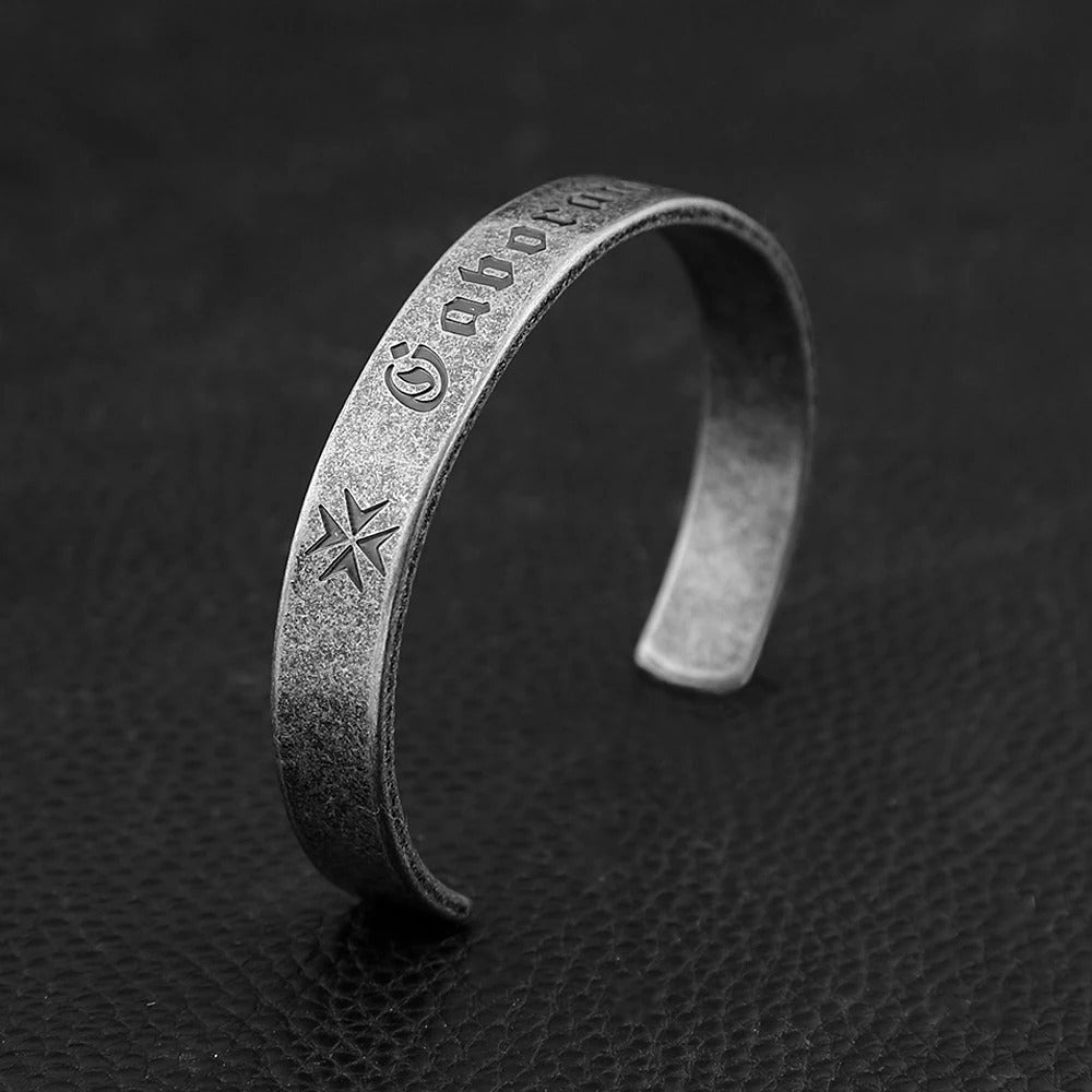 Vintage Stainless Steel Open C Men Bracelet Embossed Sanskrit Heart Sutra Viking Style Bangle