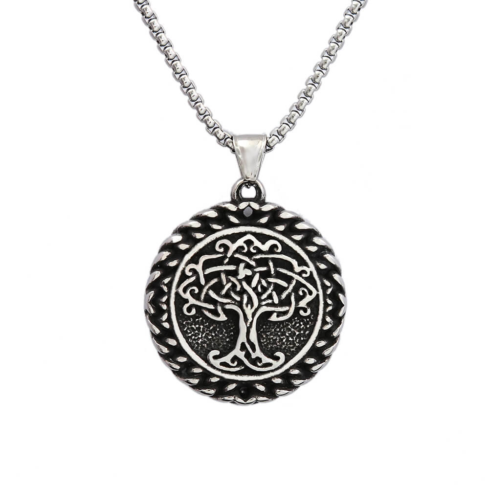 Men's Steel Vintage Viking Tree of Life Round Pendant Necklace